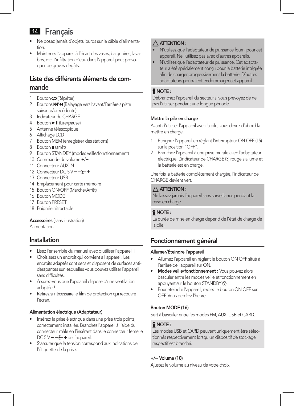 Français, Liste des différents éléments de com- mande, Installation | Fonctionnement général | AEG MMR 4133 User Manual | Page 14 / 30
