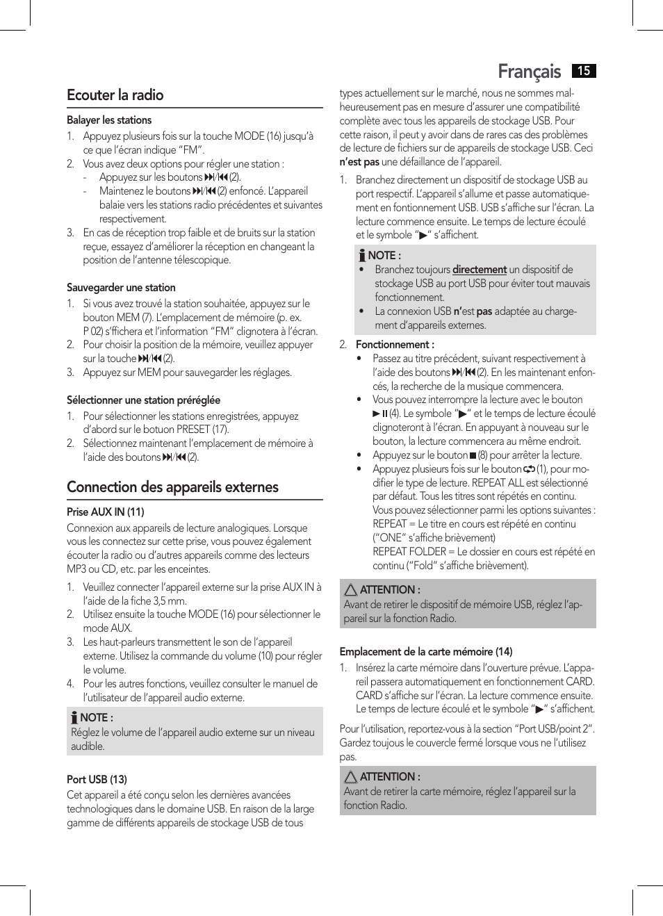 Français, Ecouter la radio, Connection des appareils externes | AEG MMR 4133 User Manual | Page 15 / 30