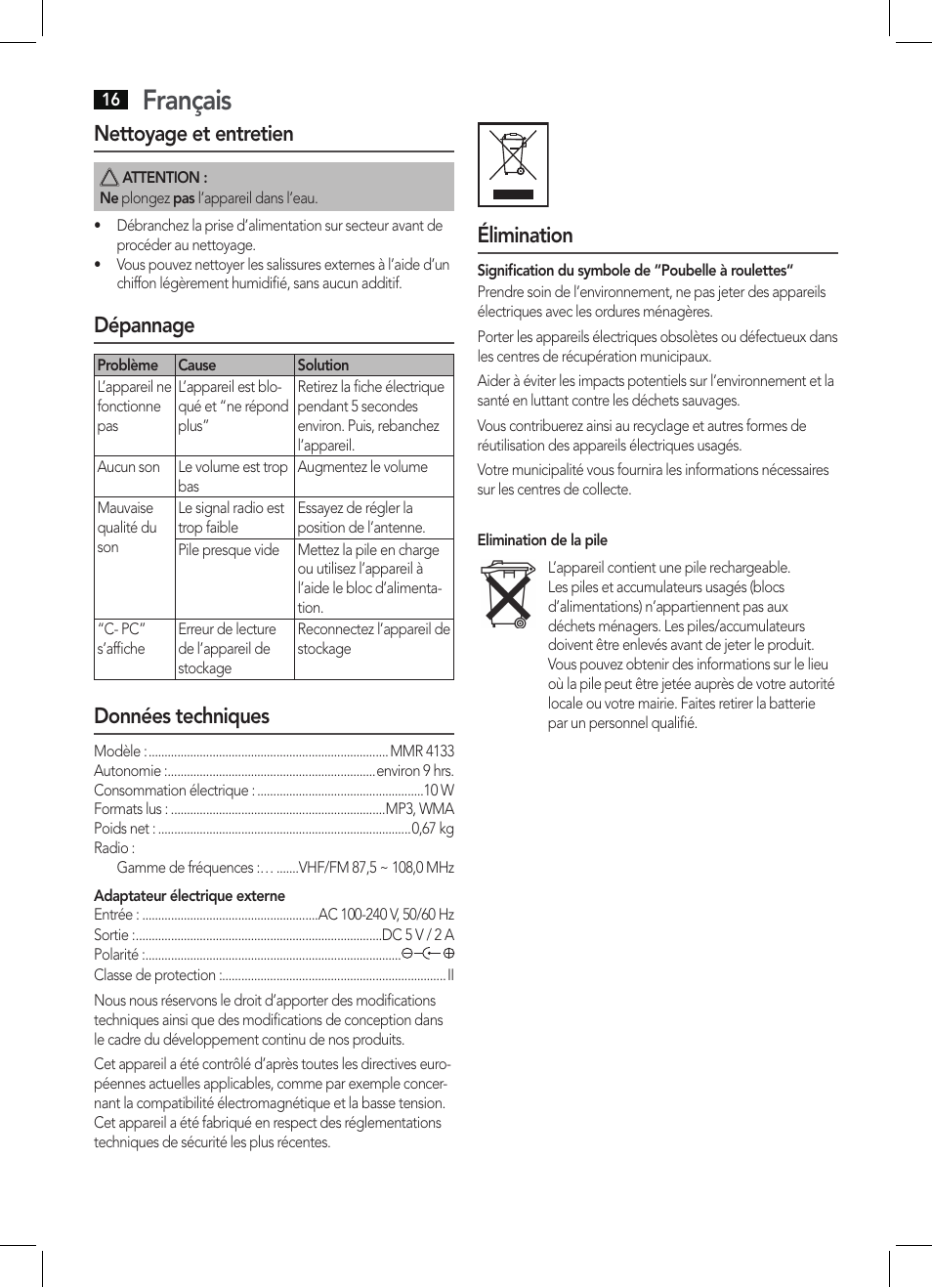 Français, Nettoyage et entretien, Dépannage | Données techniques, Élimination | AEG MMR 4133 User Manual | Page 16 / 30