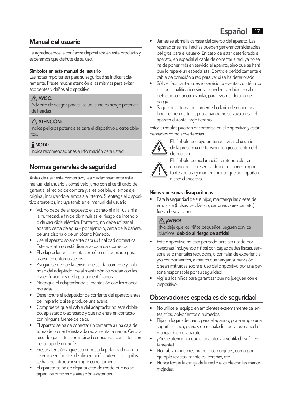 Español, Manual del usuario, Normas generales de seguridad | Observaciones especiales de seguridad | AEG MMR 4133 User Manual | Page 17 / 30