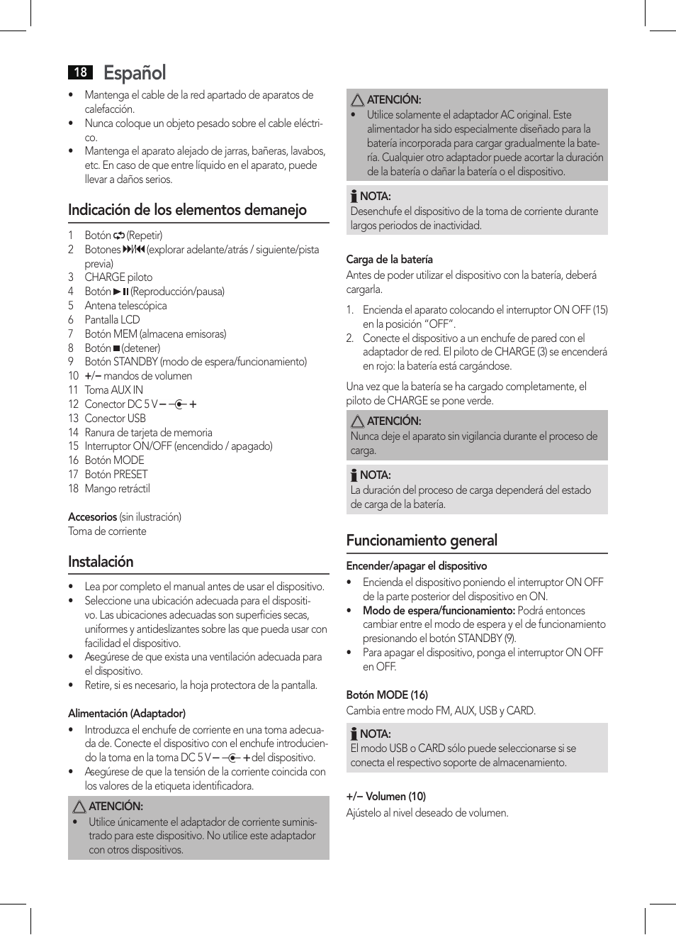 Español, Indicación de los elementos demanejo, Instalación | Funcionamiento general | AEG MMR 4133 User Manual | Page 18 / 30