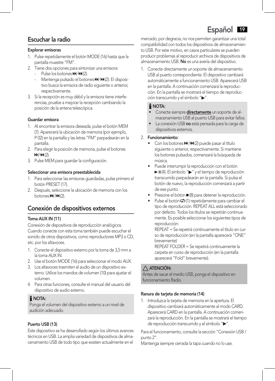 Español, Escuchar la radio, Conexión de dispositivos externos | AEG MMR 4133 User Manual | Page 19 / 30