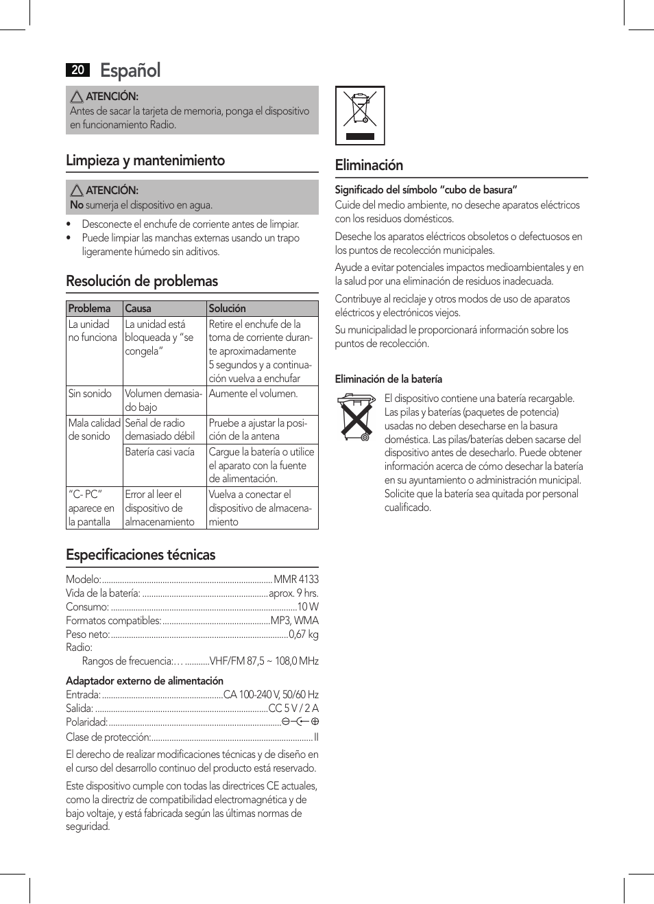 Español, Limpieza y mantenimiento, Resolución de problemas | Especificaciones técnicas, Eliminación | AEG MMR 4133 User Manual | Page 20 / 30