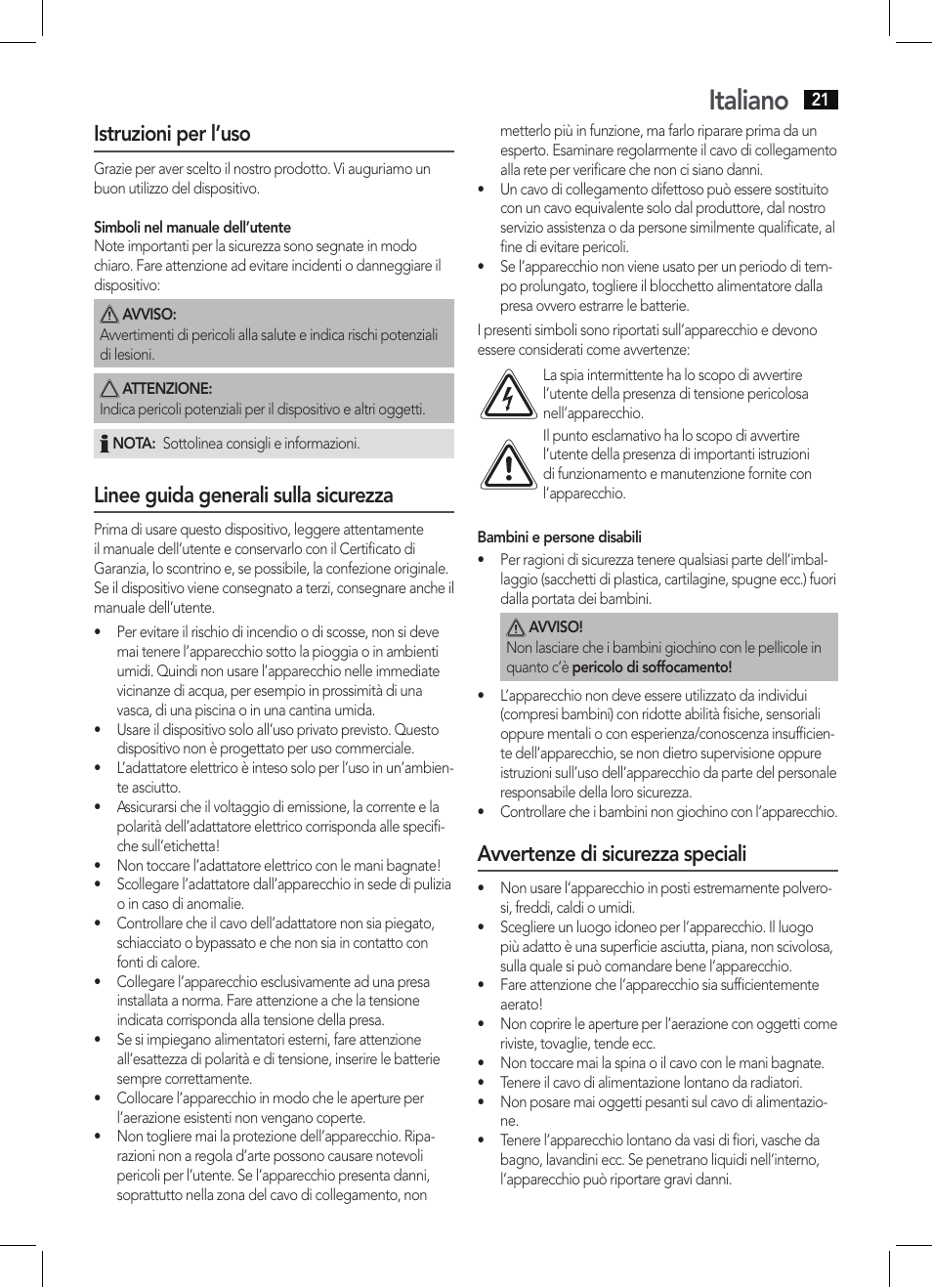 Italiano, Istruzioni per l’uso, Linee guida generali sulla sicurezza | Avvertenze di sicurezza speciali | AEG MMR 4133 User Manual | Page 21 / 30