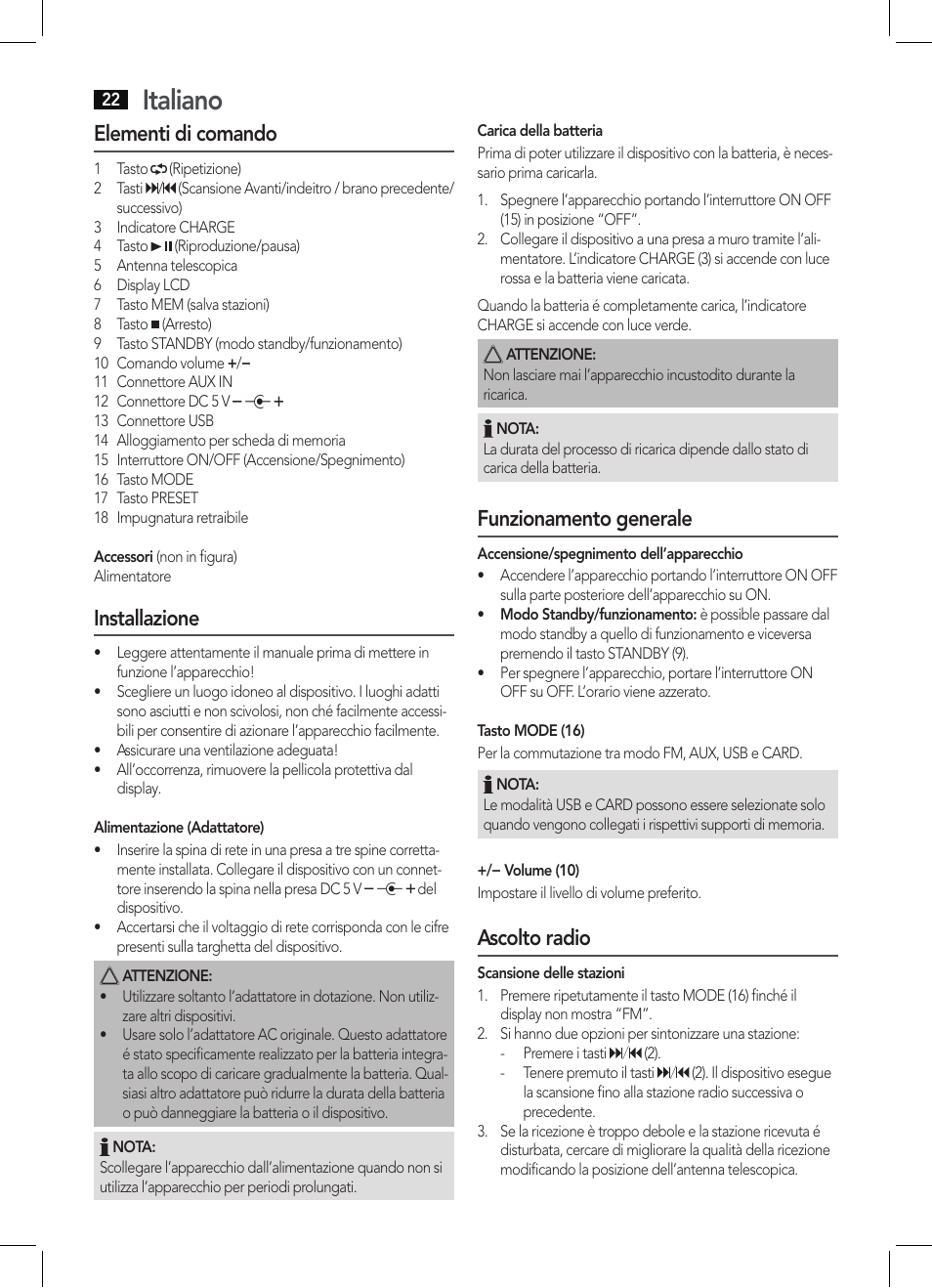 Italiano, Elementi di comando, Installazione | Funzionamento generale, Ascolto radio | AEG MMR 4133 User Manual | Page 22 / 30