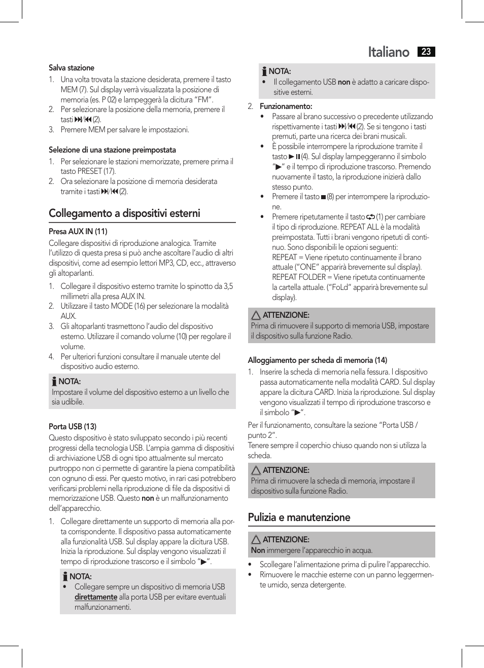 Italiano, Collegamento a dispositivi esterni, Pulizia e manutenzione | AEG MMR 4133 User Manual | Page 23 / 30