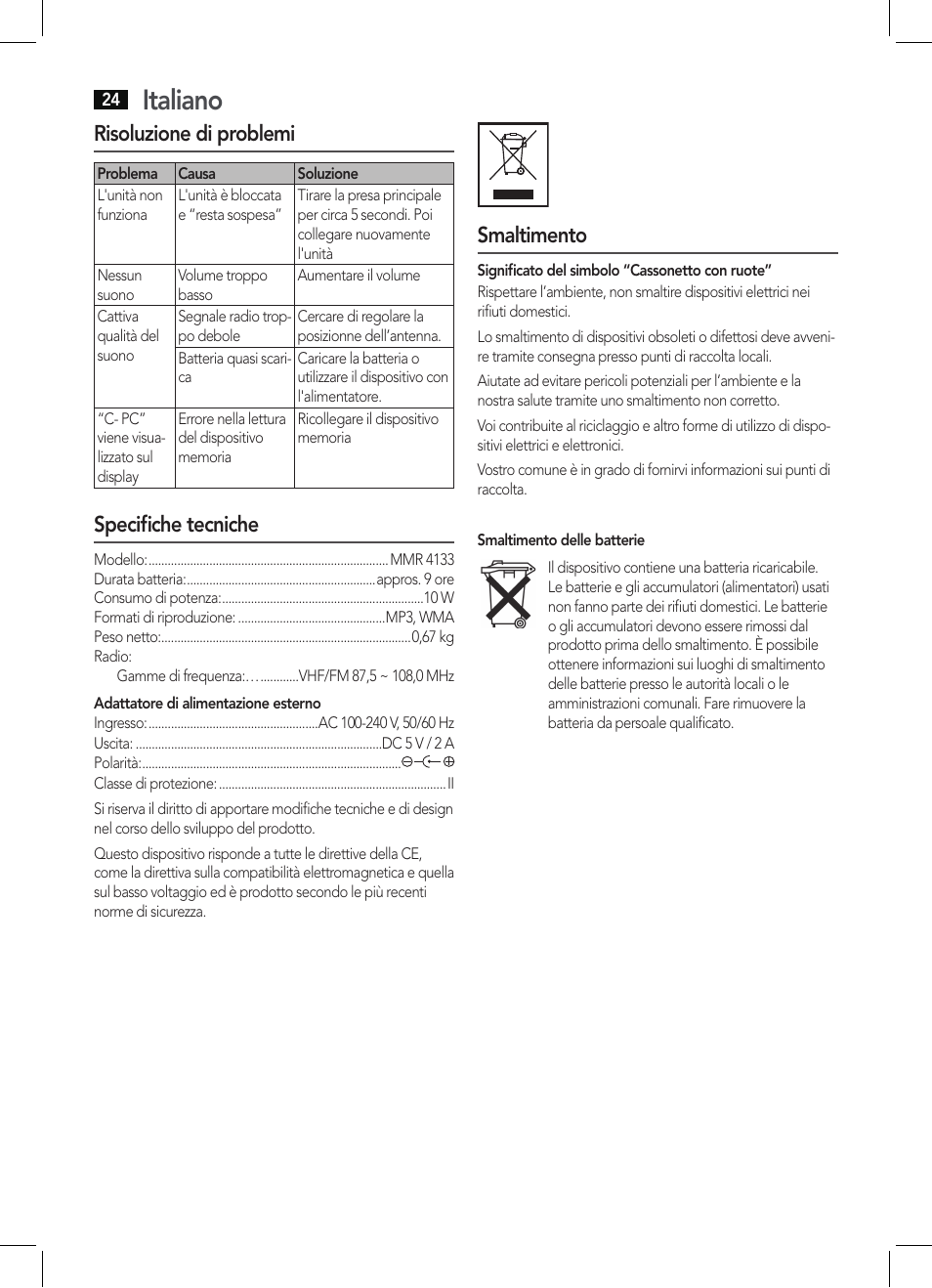 Italiano, Risoluzione di problemi, Specifiche tecniche | Smaltimento | AEG MMR 4133 User Manual | Page 24 / 30