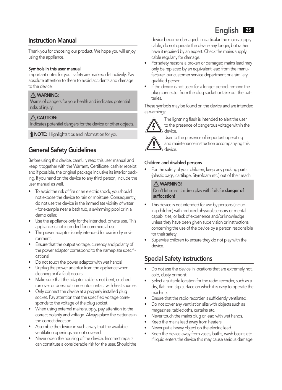 English, Instruction manual, General safety guidelines | Special safety instructions | AEG MMR 4133 User Manual | Page 25 / 30