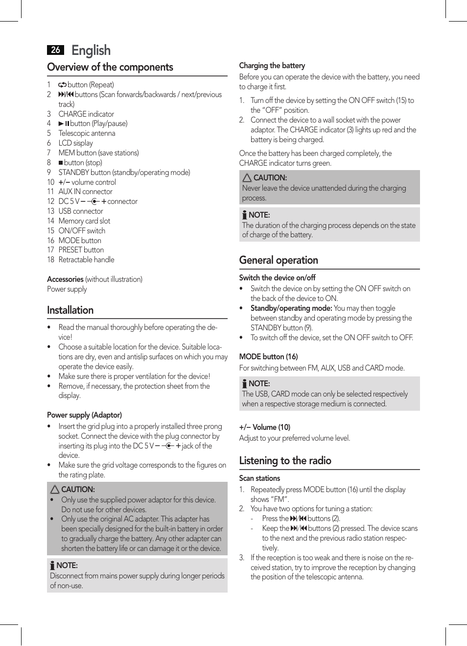English, Overview of the components, Installation | General operation, Listening to the radio | AEG MMR 4133 User Manual | Page 26 / 30