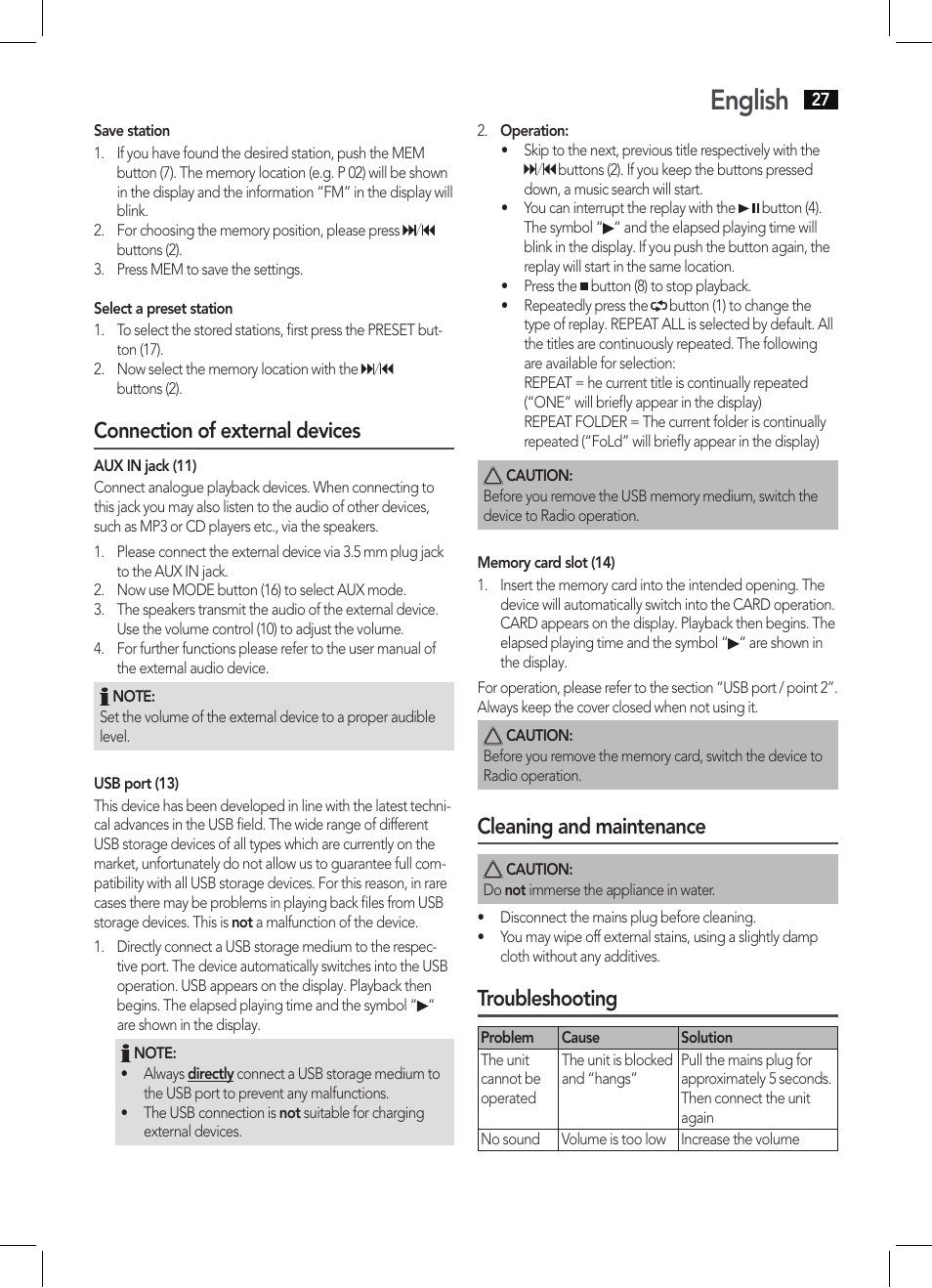 English, Connection of external devices, Cleaning and maintenance | Troubleshooting | AEG MMR 4133 User Manual | Page 27 / 30