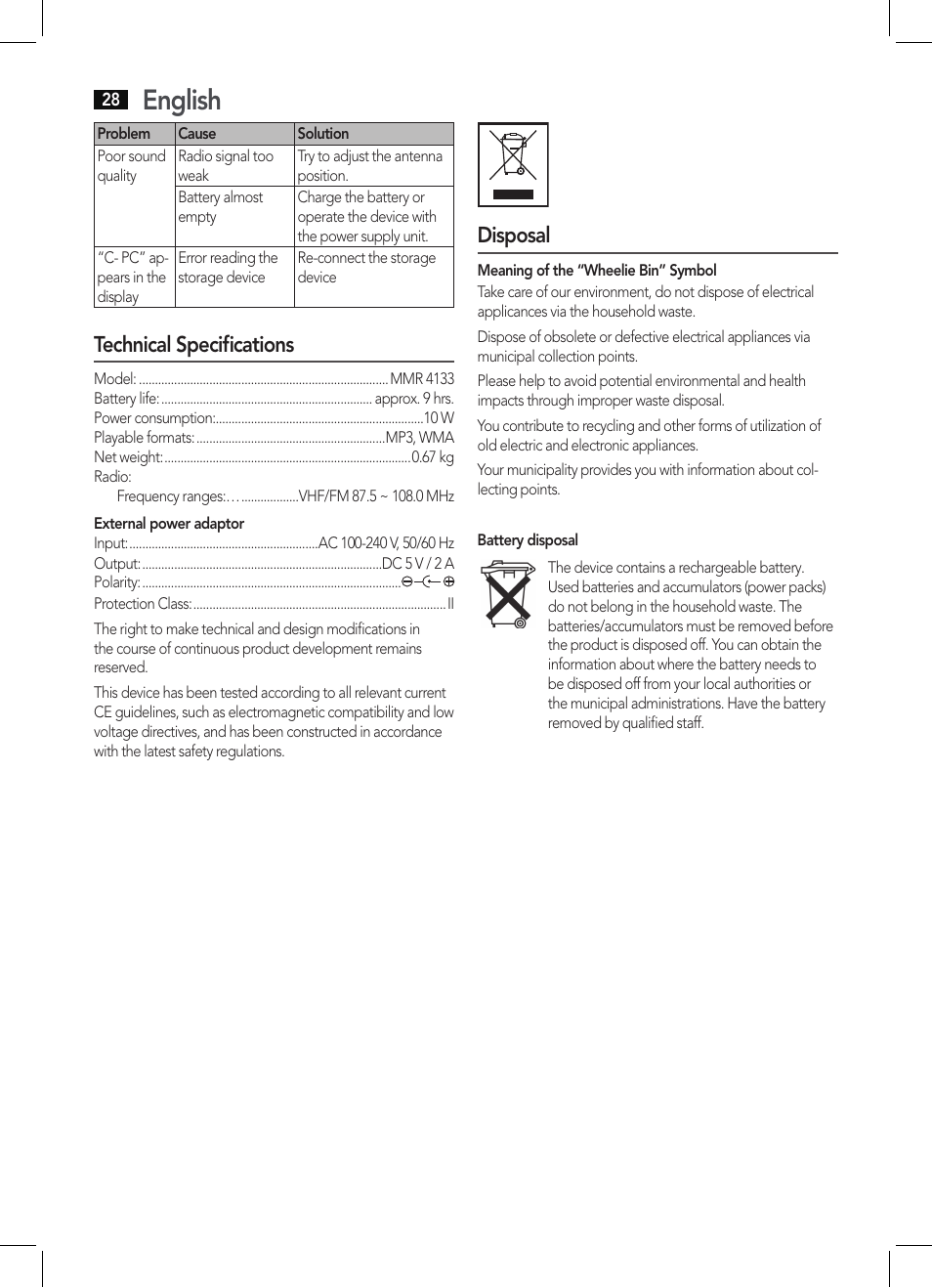 English, Technical specifications, Disposal | AEG MMR 4133 User Manual | Page 28 / 30