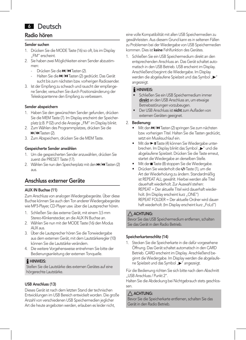 Deutsch, Radio hören, Anschluss externer geräte | AEG MMR 4133 User Manual | Page 6 / 30