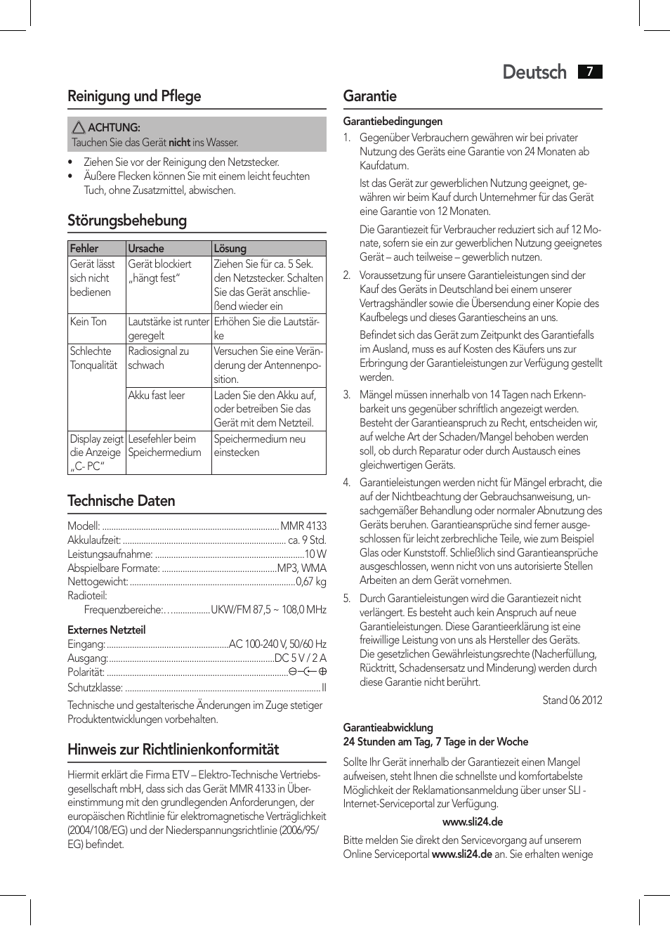 Deutsch, Reinigung und pflege, Störungsbehebung | Technische daten, Hinweis zur richtlinienkonformität, Garantie | AEG MMR 4133 User Manual | Page 7 / 30