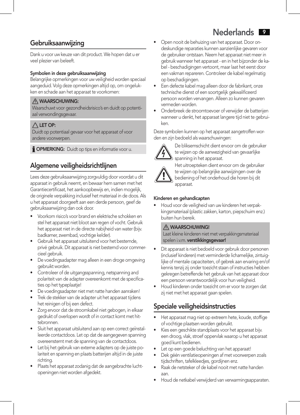 Nederlands, Gebruiksaanwijzing, Algemene veiligheidsrichtlijnen | Speciale veiligheidsinstructies | AEG MMR 4133 User Manual | Page 9 / 30