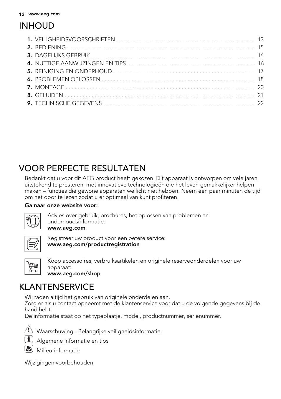 Inhoud, Voor perfecte resultaten, Klantenservice | AEG SKD81840S1 User Manual | Page 12 / 92