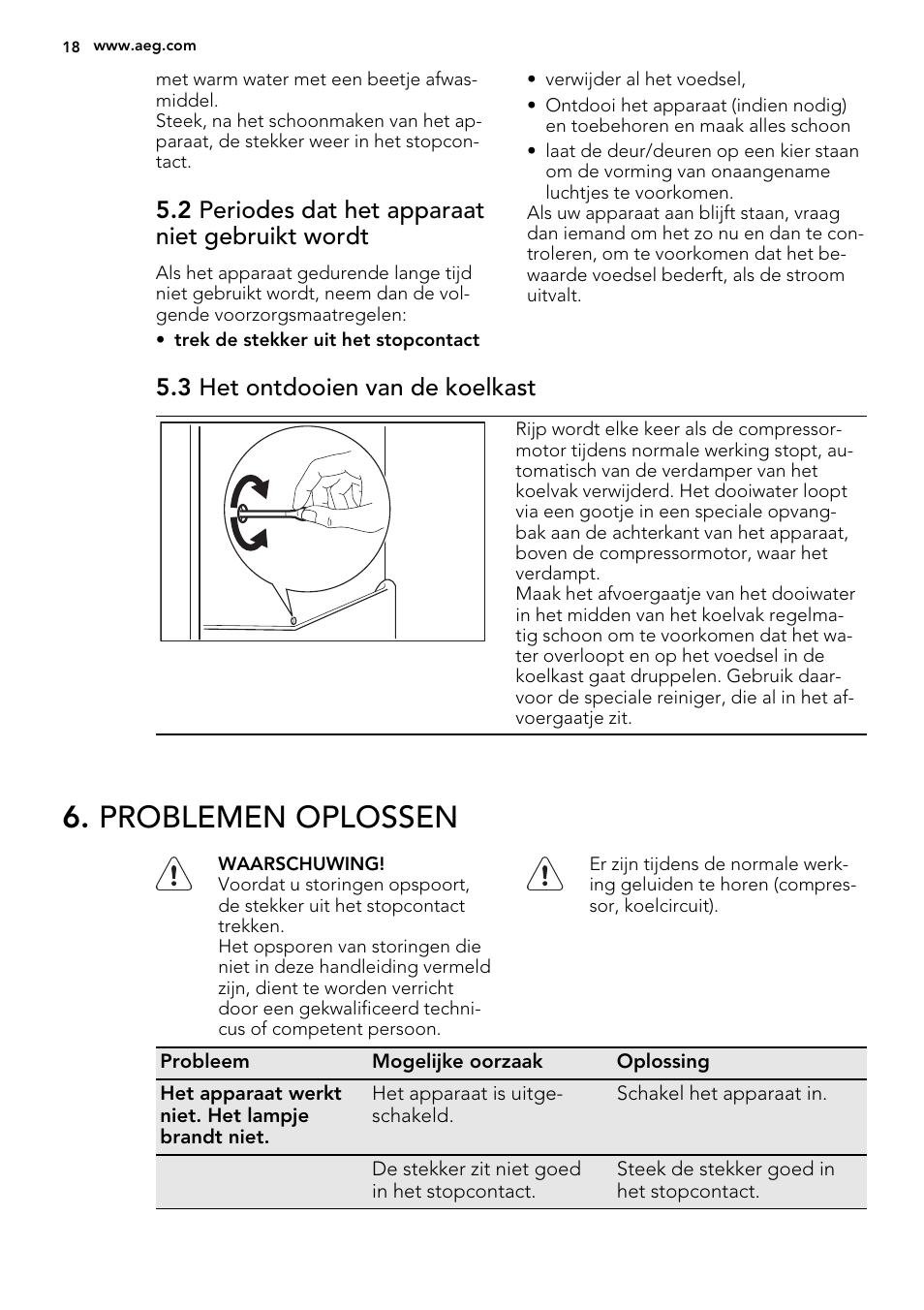 Problemen oplossen, 2 periodes dat het apparaat niet gebruikt wordt, 3 het ontdooien van de koelkast | AEG SKD81840S1 User Manual | Page 18 / 92
