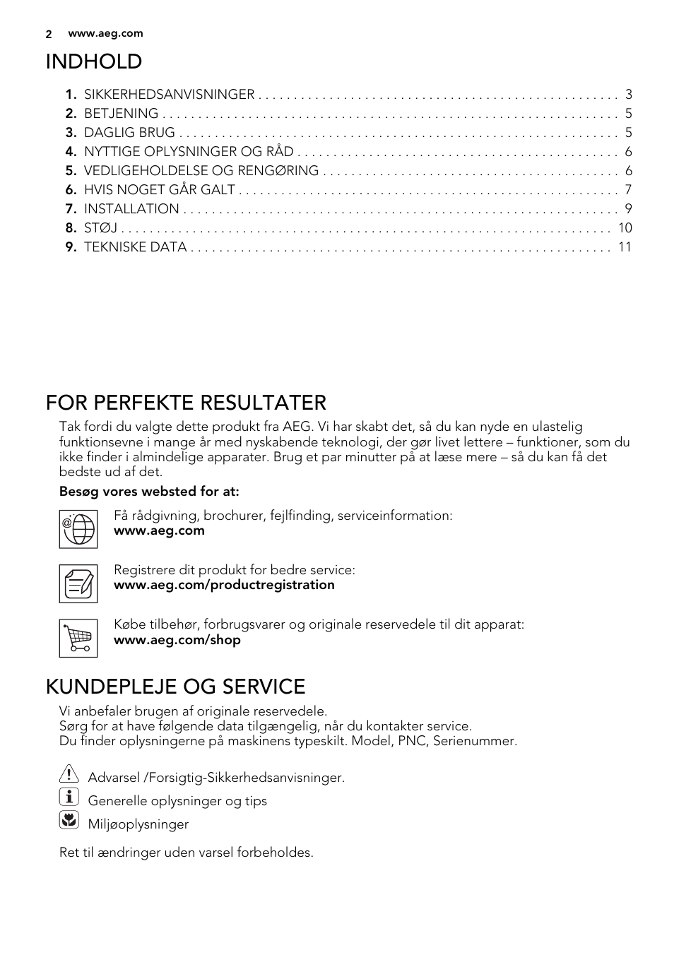 Indhold, For perfekte resultater, Kundepleje og service | AEG SKD81840S1 User Manual | Page 2 / 92