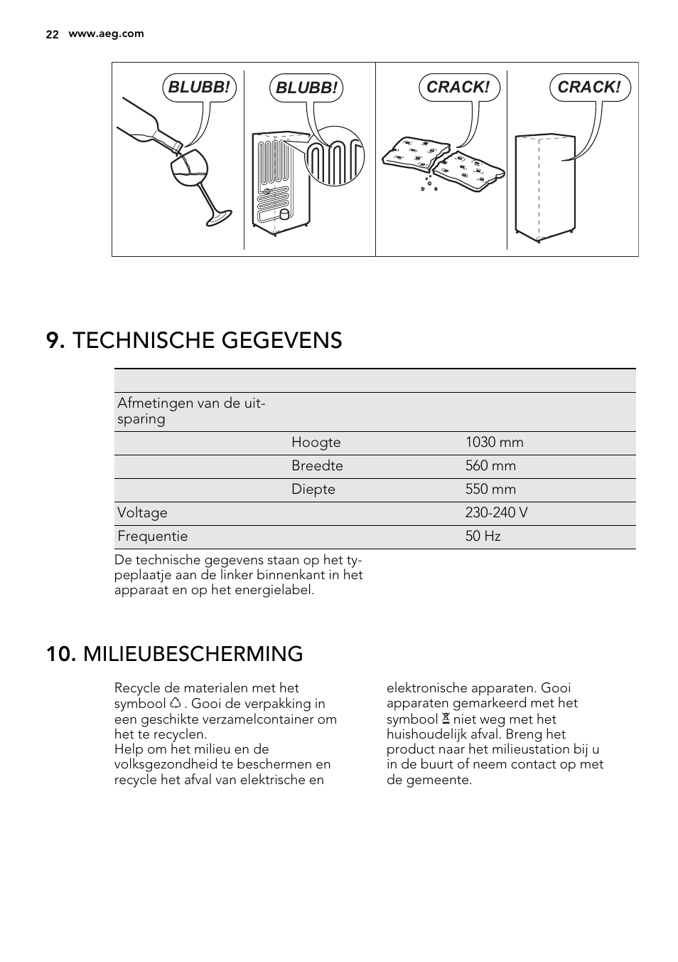 Technische gegevens, Milieubescherming | AEG SKD81840S1 User Manual | Page 22 / 92