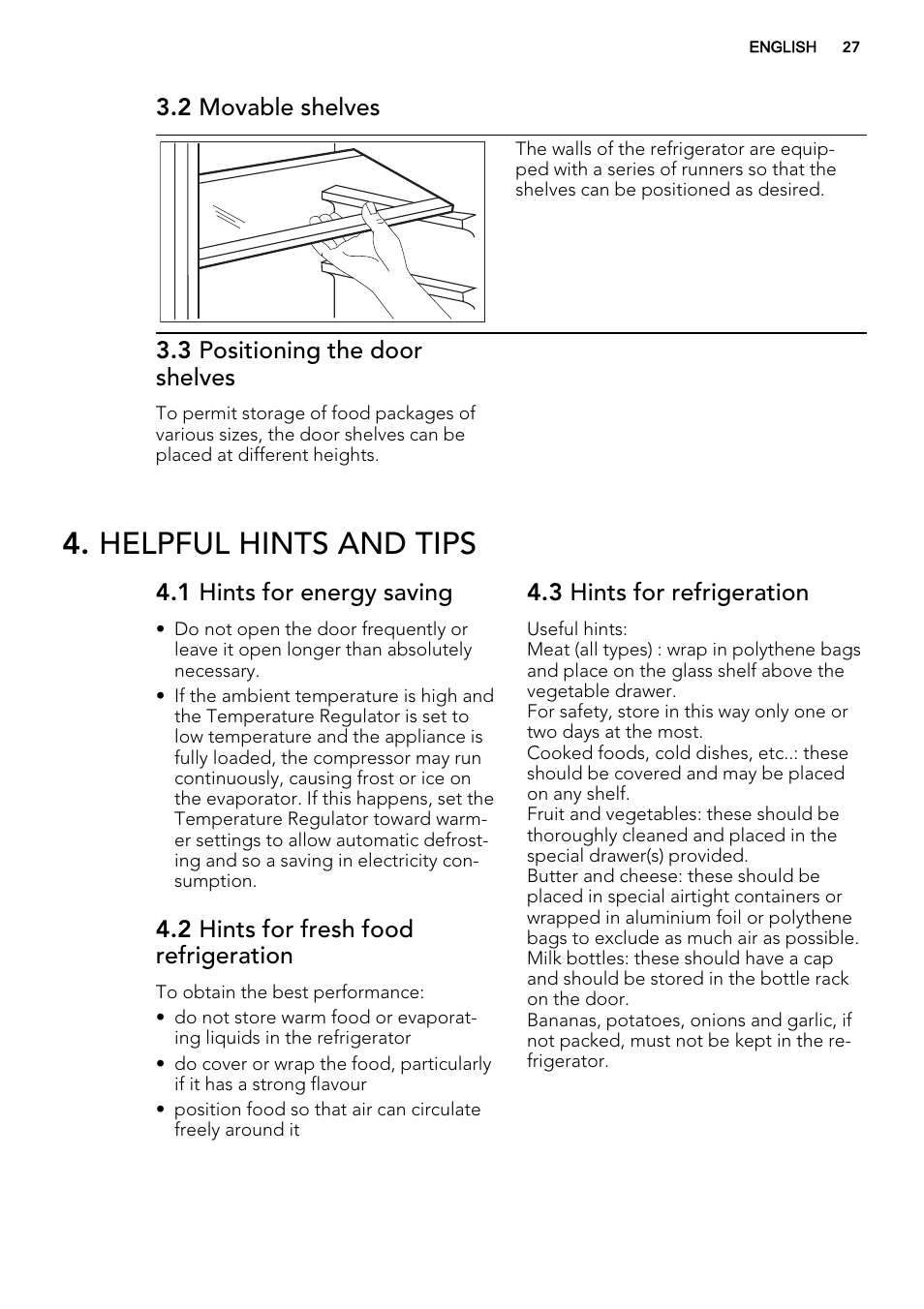Helpful hints and tips, 2 movable shelves, 3 positioning the door shelves | 1 hints for energy saving, 2 hints for fresh food refrigeration, 3 hints for refrigeration | AEG SKD81840S1 User Manual | Page 27 / 92
