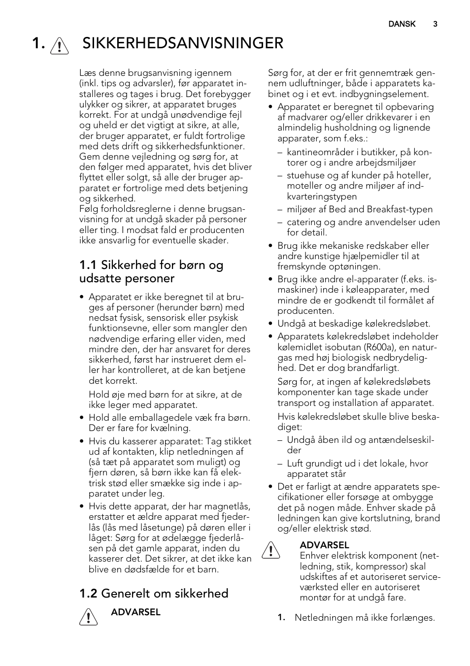 Sikkerhedsanvisninger, 1 sikkerhed for børn og udsatte personer, 2 generelt om sikkerhed | AEG SKD81840S1 User Manual | Page 3 / 92