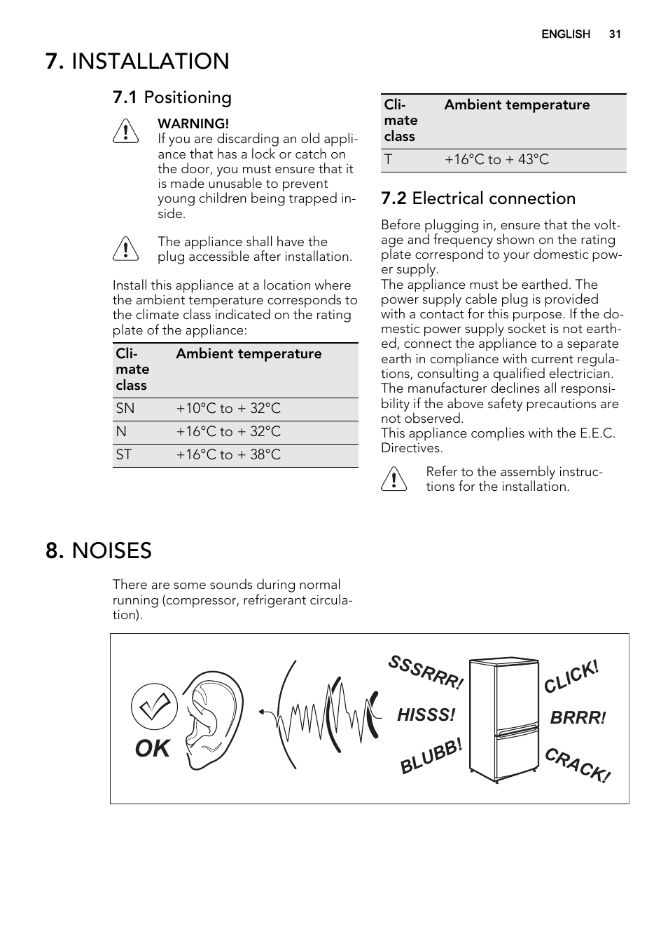 Installation, Noises | AEG SKD81840S1 User Manual | Page 31 / 92