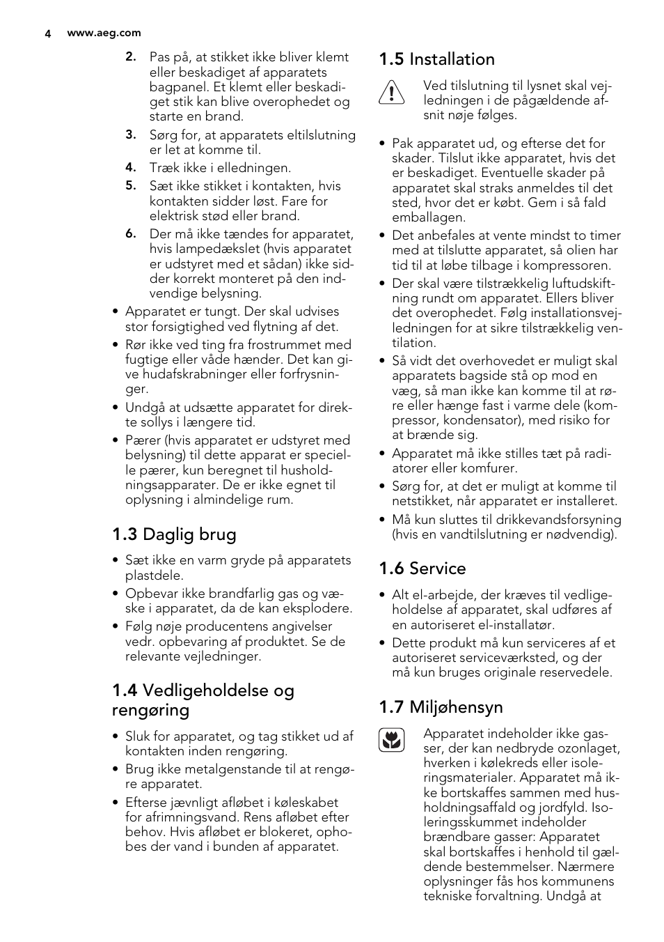 3 daglig brug, 4 vedligeholdelse og rengøring, 5 installation | 6 service, 7 miljøhensyn | AEG SKD81840S1 User Manual | Page 4 / 92