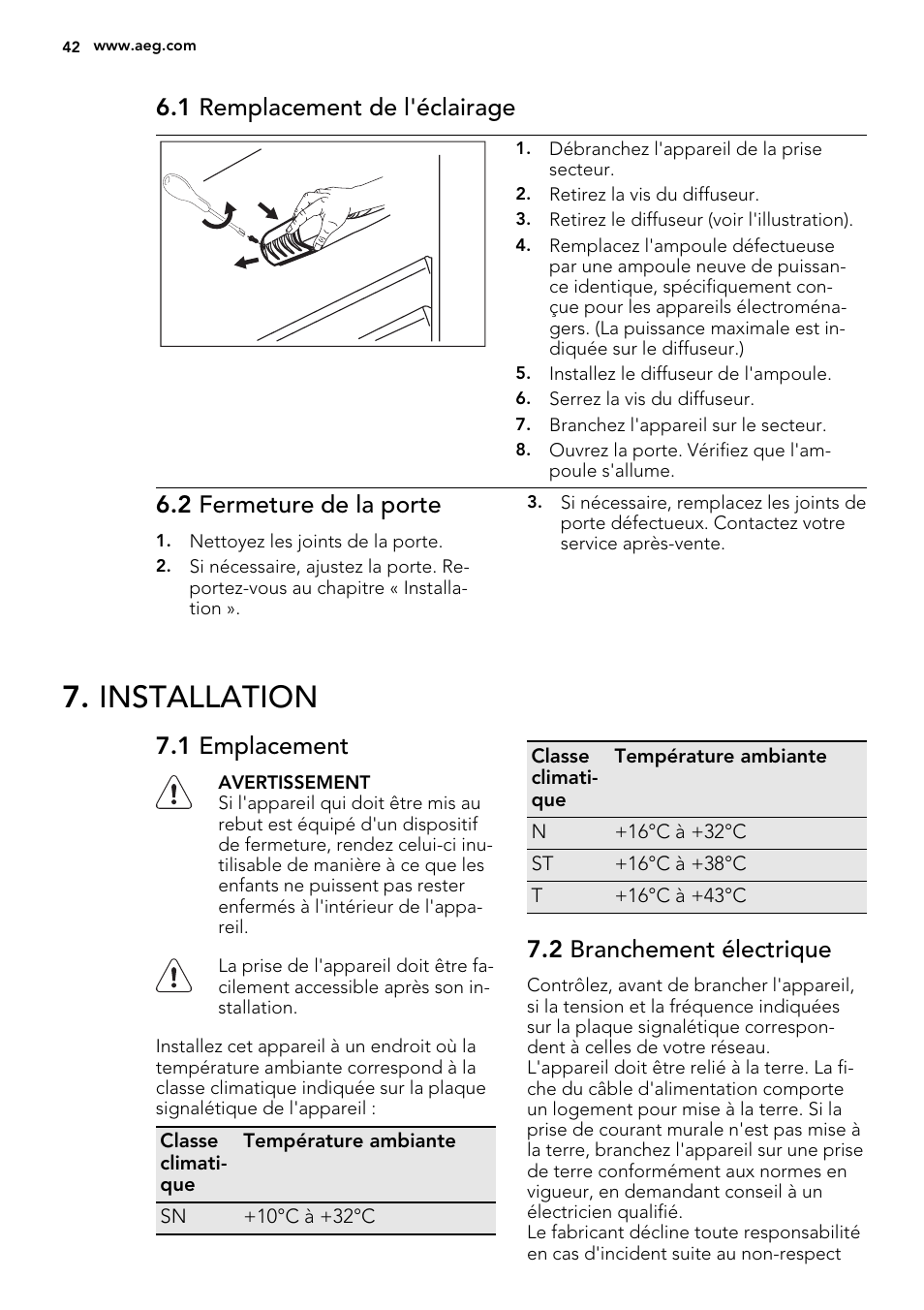 Installation, 1 remplacement de l'éclairage, 2 fermeture de la porte | 1 emplacement, 2 branchement électrique | AEG SKD81840S1 User Manual | Page 42 / 92