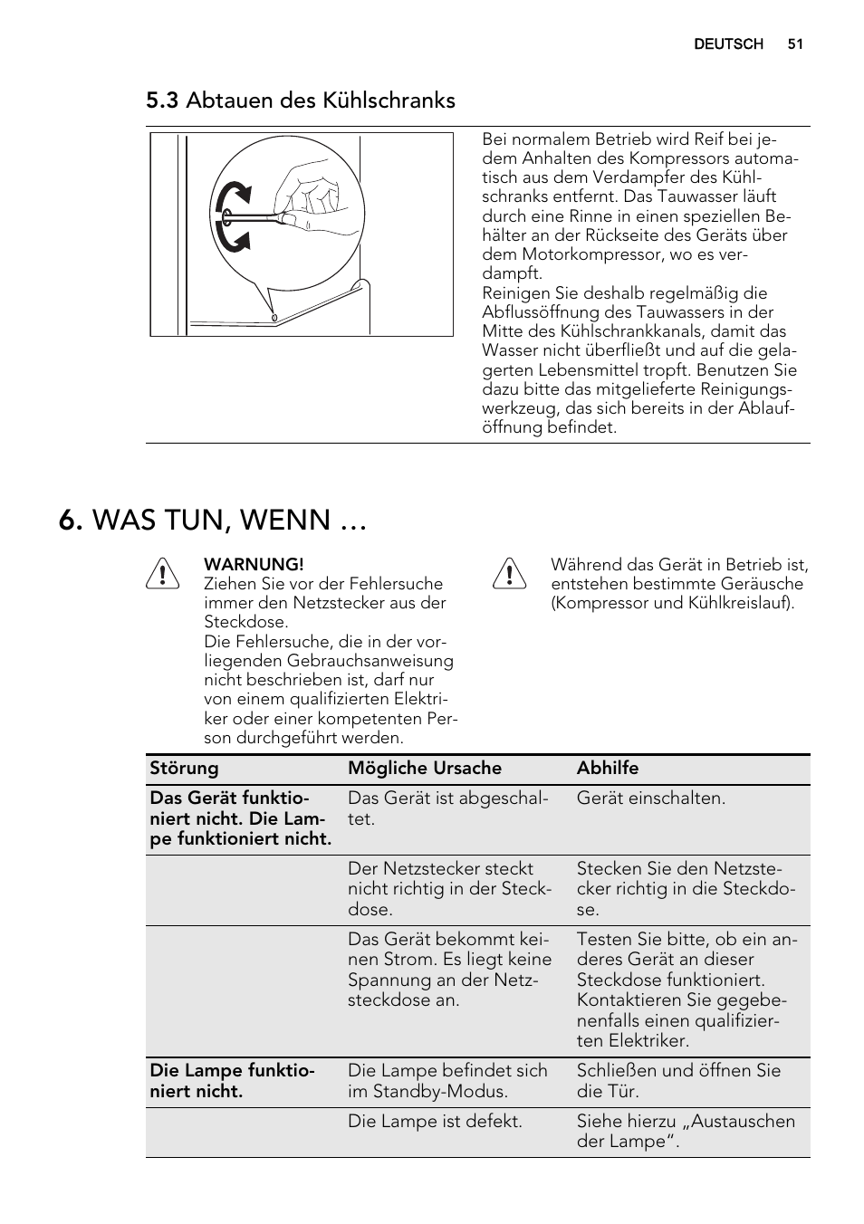 Was tun, wenn, 3 abtauen des kühlschranks | AEG SKD81840S1 User Manual | Page 51 / 92