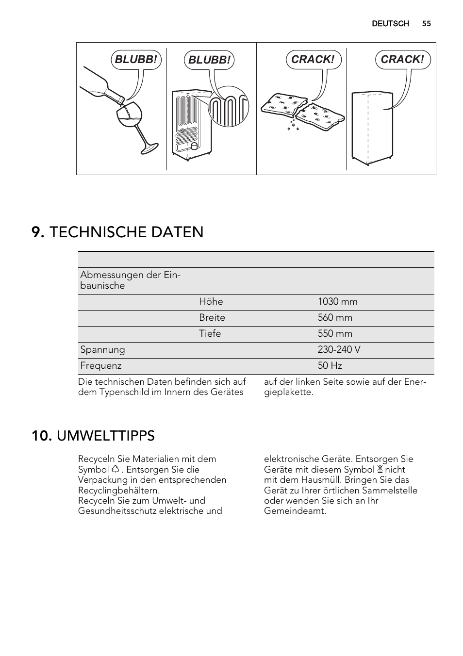 Technische daten, Umwelttipps | AEG SKD81840S1 User Manual | Page 55 / 92