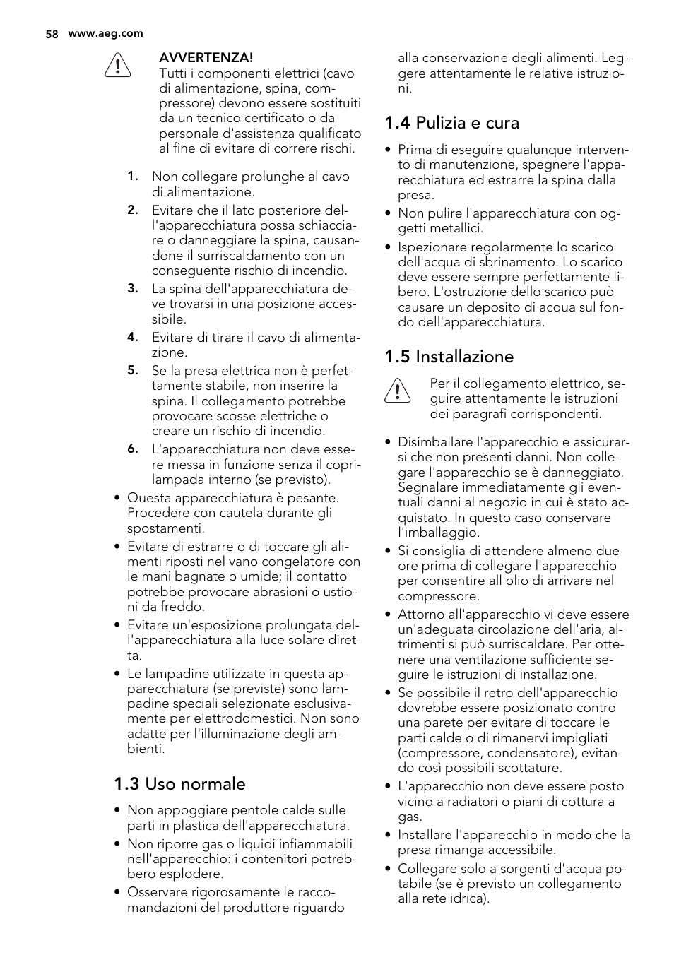 3 uso normale, 4 pulizia e cura, 5 installazione | AEG SKD81840S1 User Manual | Page 58 / 92