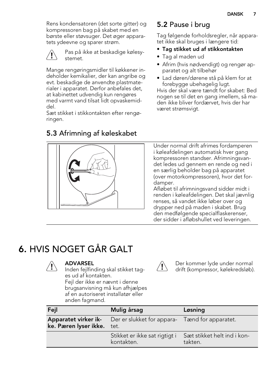 Hvis noget går galt, 2 pause i brug, 3 afrimning af køleskabet | AEG SKD81840S1 User Manual | Page 7 / 92