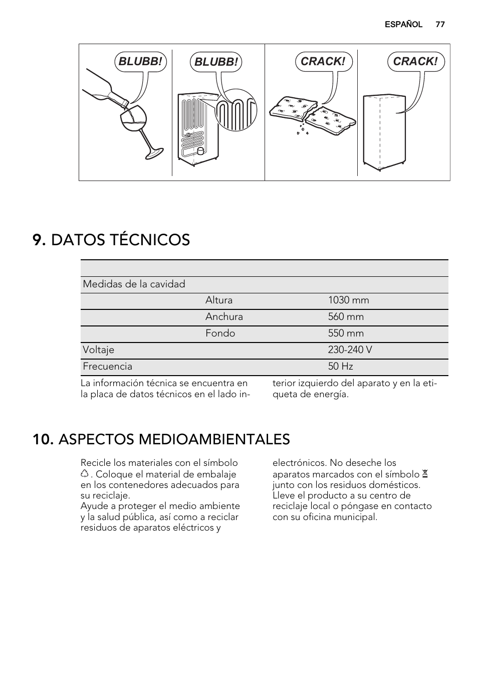 Datos técnicos, Aspectos medioambientales | AEG SKD81840S1 User Manual | Page 77 / 92