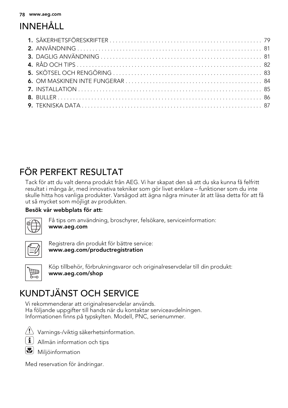 Innehåll, För perfekt resultat, Kundtjänst och service | AEG SKD81840S1 User Manual | Page 78 / 92