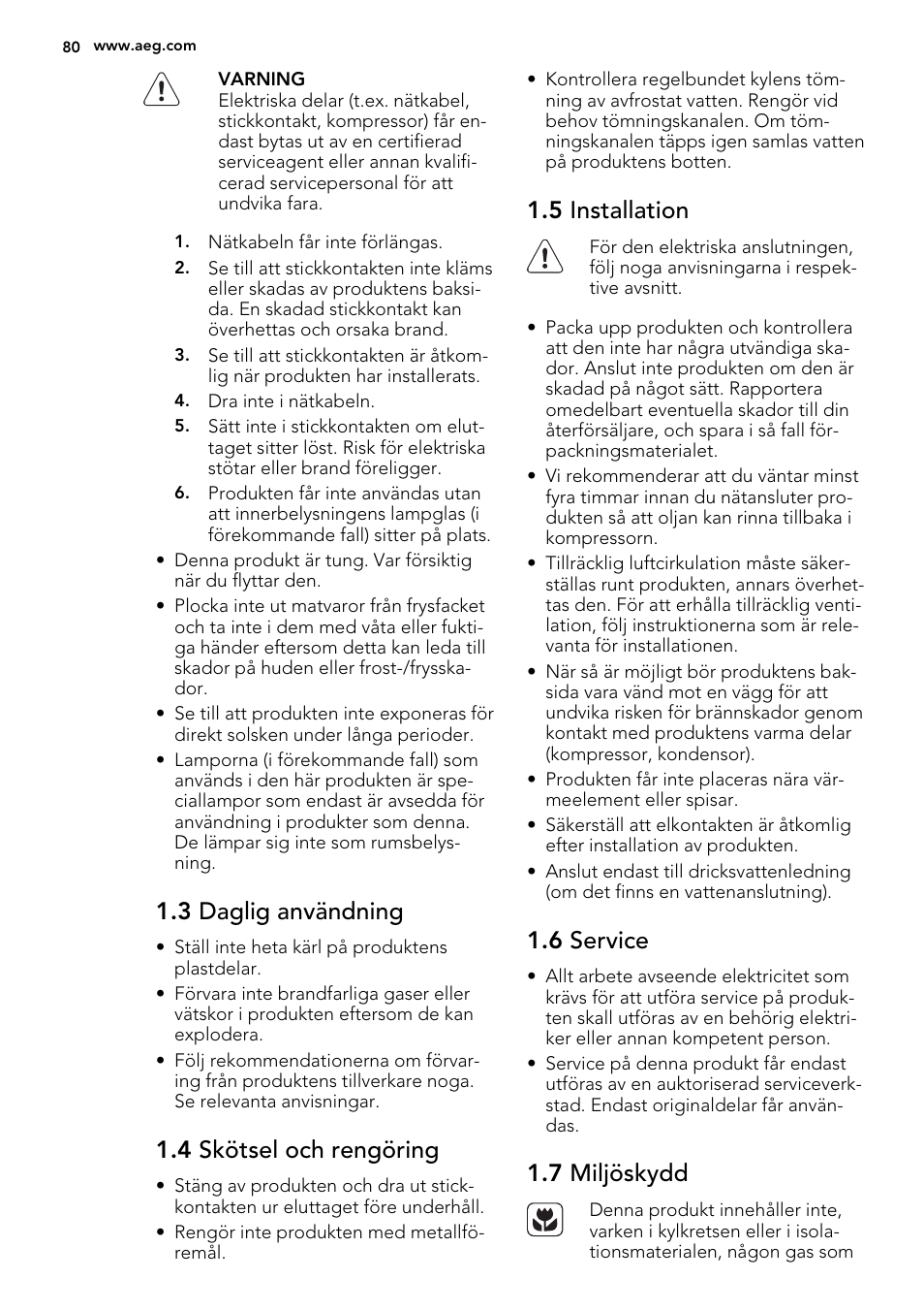 3 daglig användning, 4 skötsel och rengöring, 5 installation | 6 service, 7 miljöskydd | AEG SKD81840S1 User Manual | Page 80 / 92