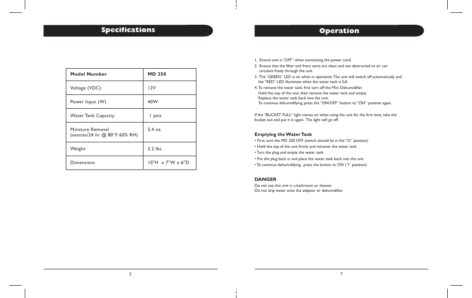 Specifications, Operation | Amcor MD250 User Manual | Page 4 / 6