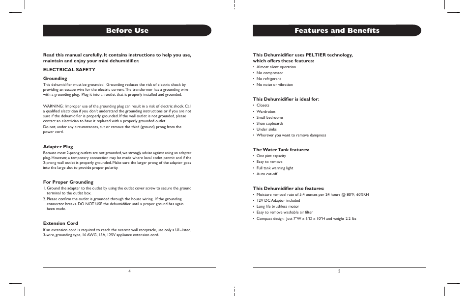 Before use, Features and benefits | Amcor MD250 User Manual | Page 5 / 6