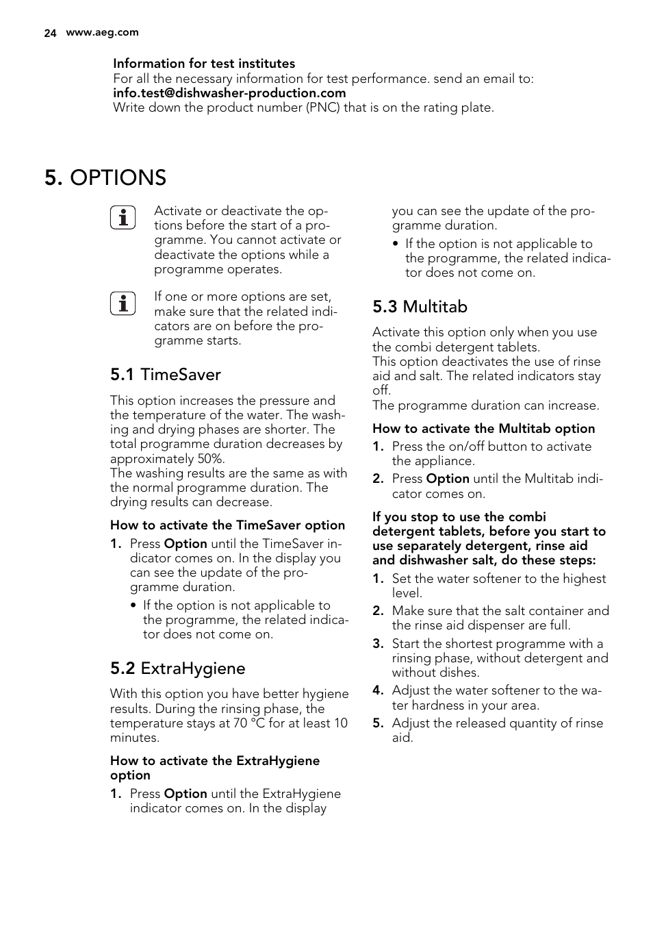 Options, 1 timesaver, 2 extrahygiene | 3 multitab | AEG F56602ID0P User Manual | Page 24 / 68