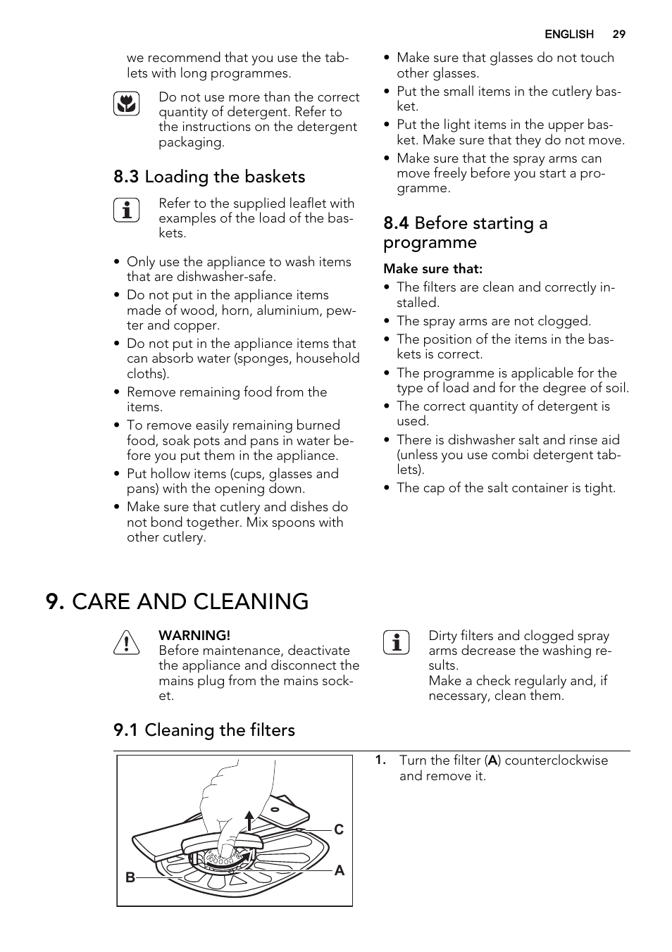 Care and cleaning, 3 loading the baskets, 4 before starting a programme | 1 cleaning the filters | AEG F56602ID0P User Manual | Page 29 / 68