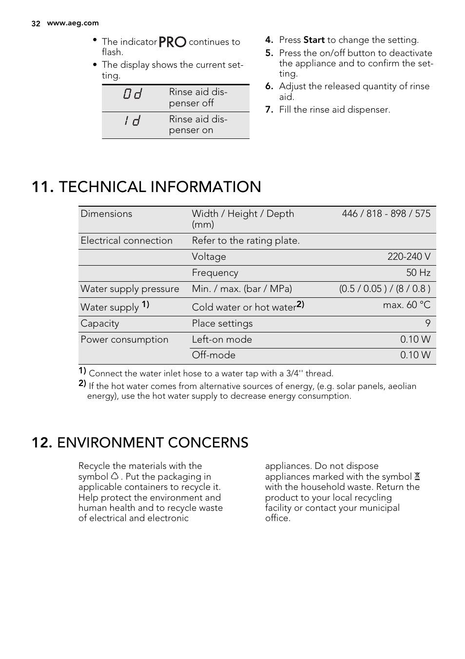 Technical information, Environment concerns | AEG F56602ID0P User Manual | Page 32 / 68