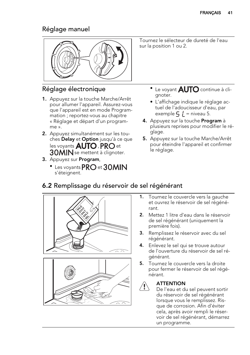 Réglage manuel, Réglage électronique, 2 remplissage du réservoir de sel régénérant | AEG F56602ID0P User Manual | Page 41 / 68