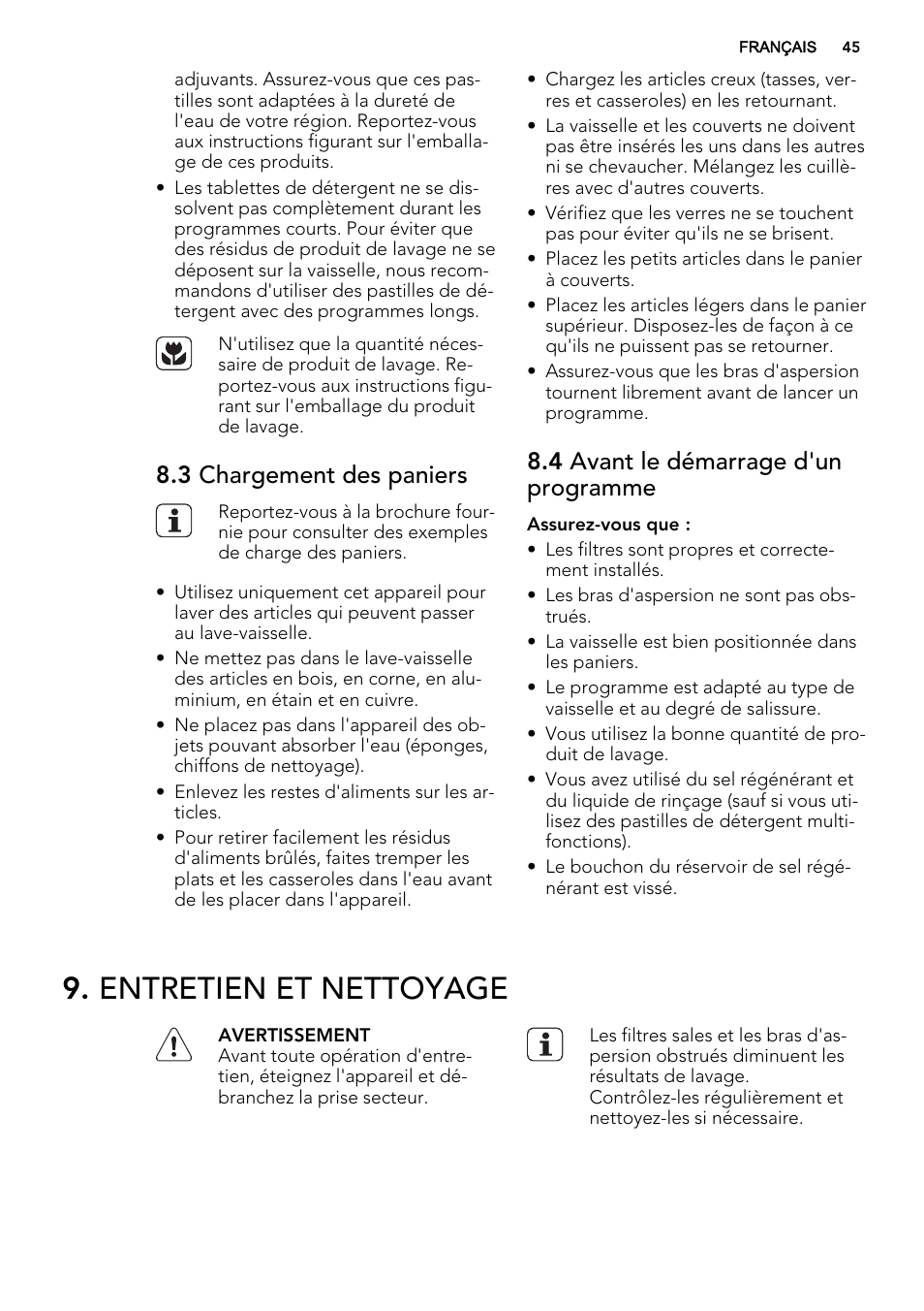 Entretien et nettoyage, 3 chargement des paniers, 4 avant le démarrage d'un programme | AEG F56602ID0P User Manual | Page 45 / 68