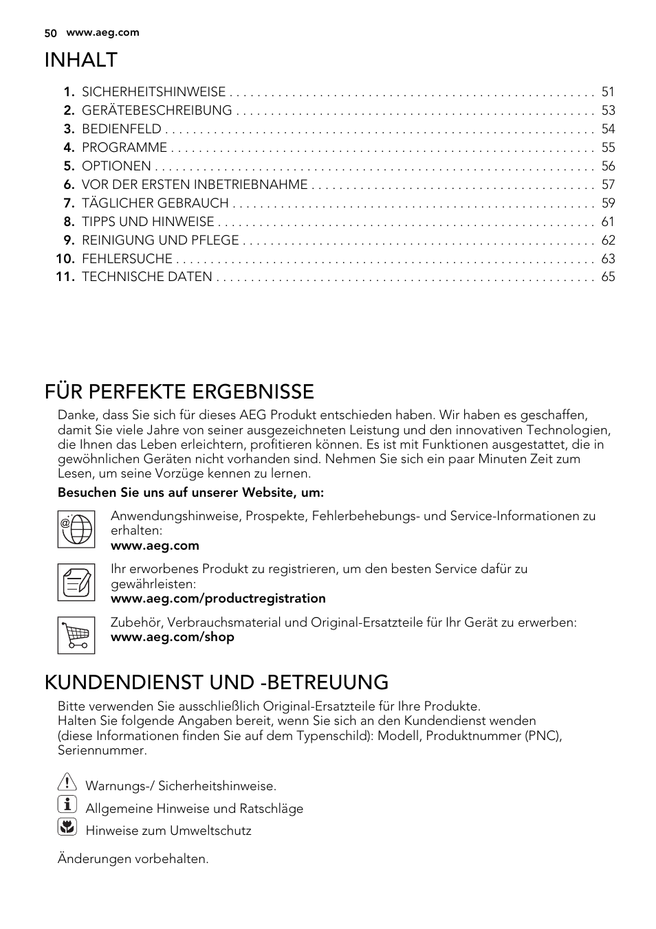 Inhalt, Für perfekte ergebnisse, Kundendienst und -betreuung | AEG F56602ID0P User Manual | Page 50 / 68