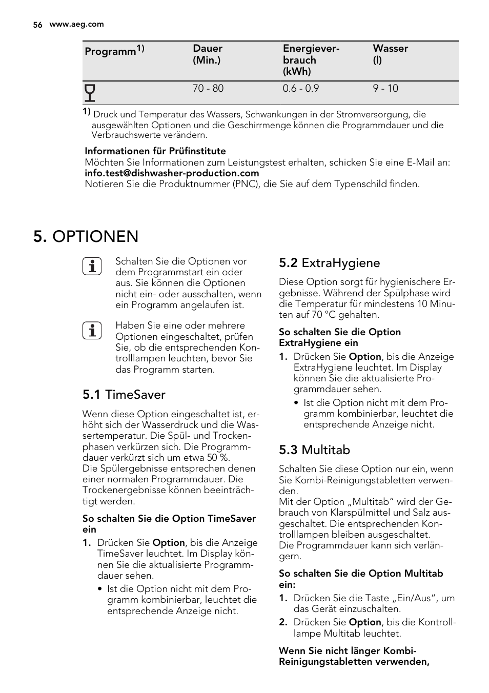 Optionen, 1 timesaver, 2 extrahygiene | 3 multitab | AEG F56602ID0P User Manual | Page 56 / 68