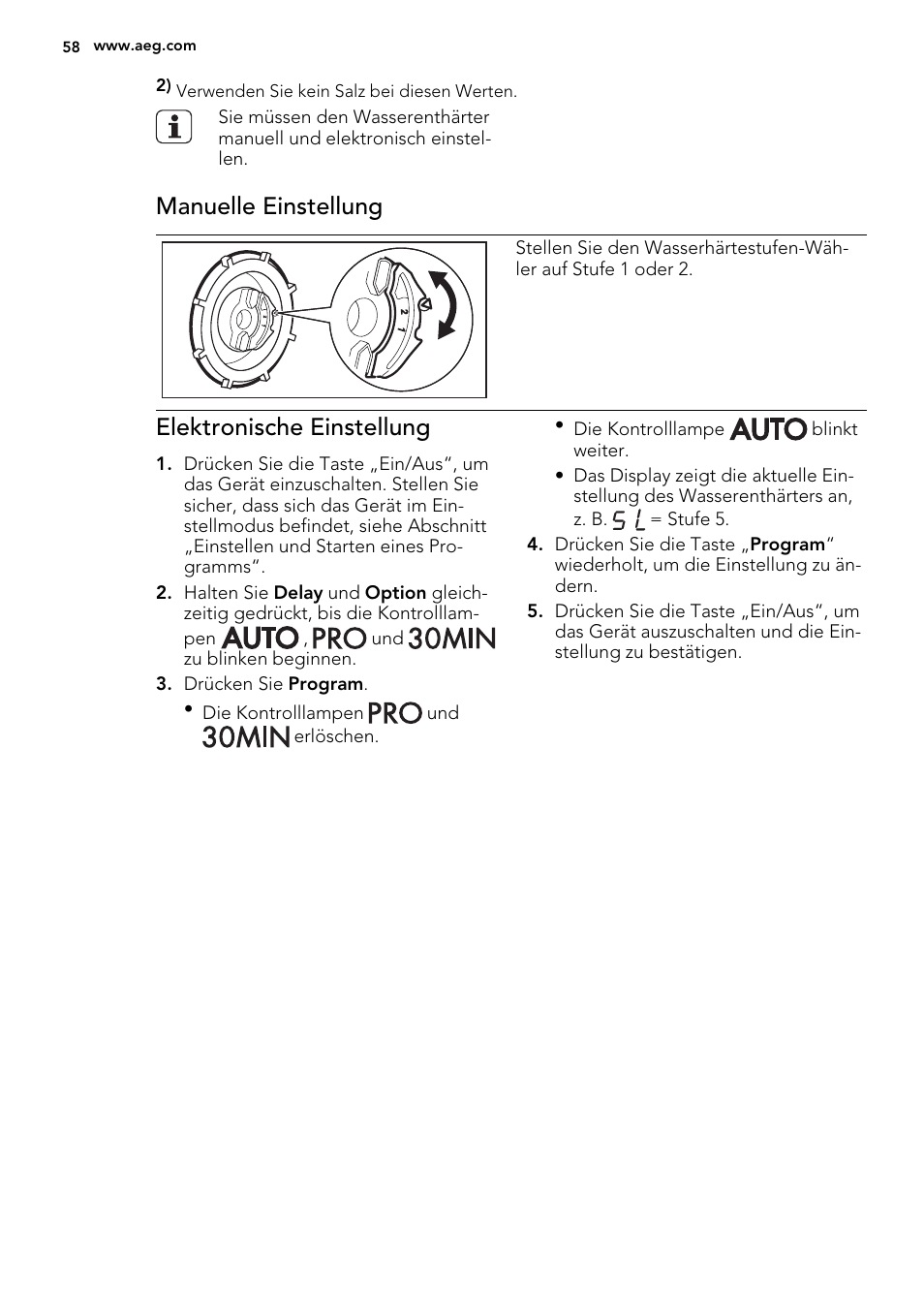 Manuelle einstellung, Elektronische einstellung | AEG F56602ID0P User Manual | Page 58 / 68