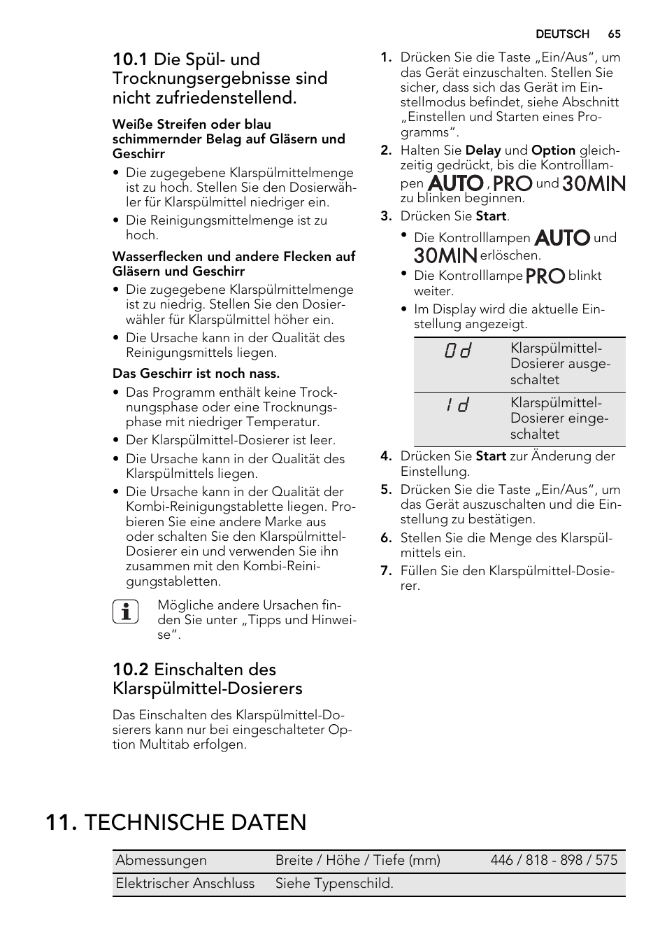Technische daten, 2 einschalten des klarspülmittel-dosierers | AEG F56602ID0P User Manual | Page 65 / 68