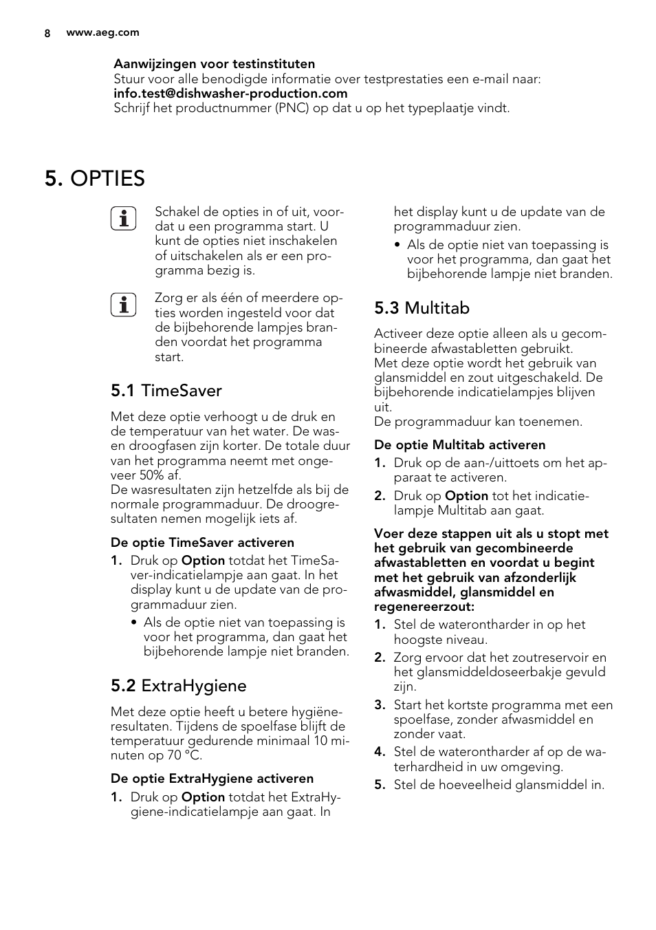 Opties, 1 timesaver, 2 extrahygiene | 3 multitab | AEG F56602ID0P User Manual | Page 8 / 68