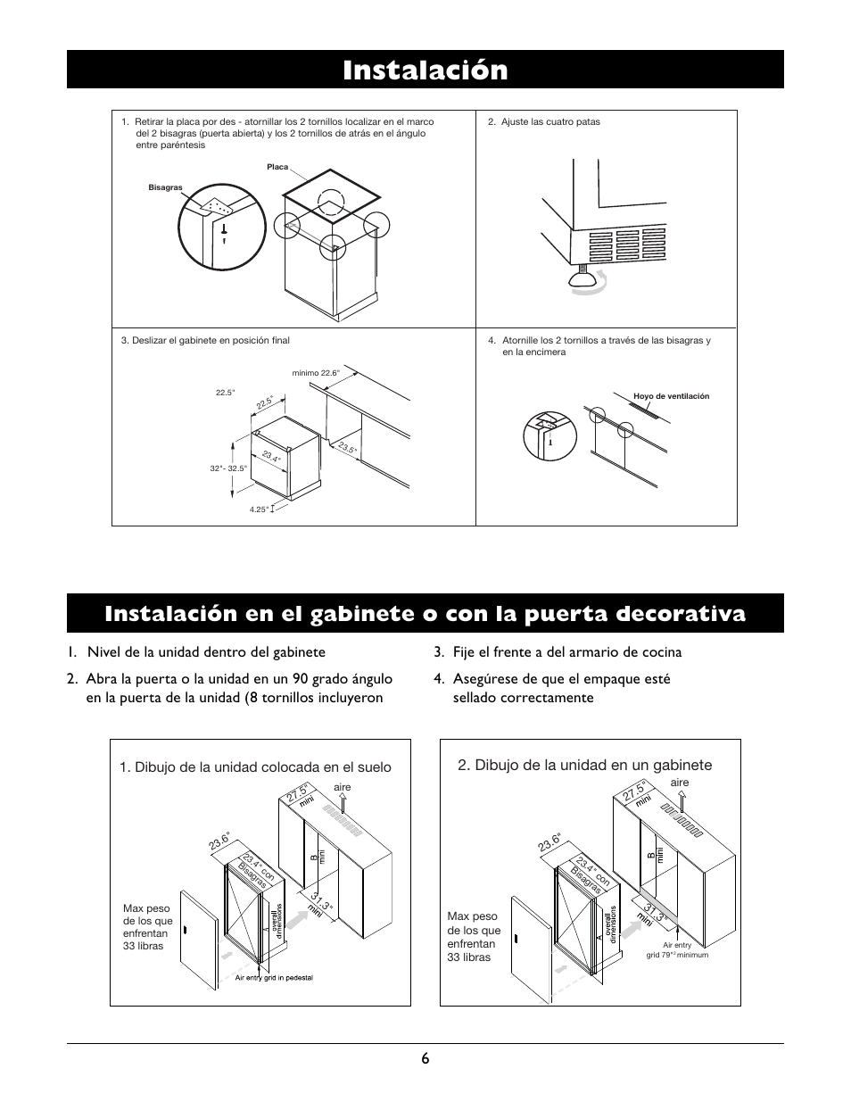 Instalación, Dibujo de la unidad en un gabinete | Amcor WV-100 User Manual | Page 25 / 34