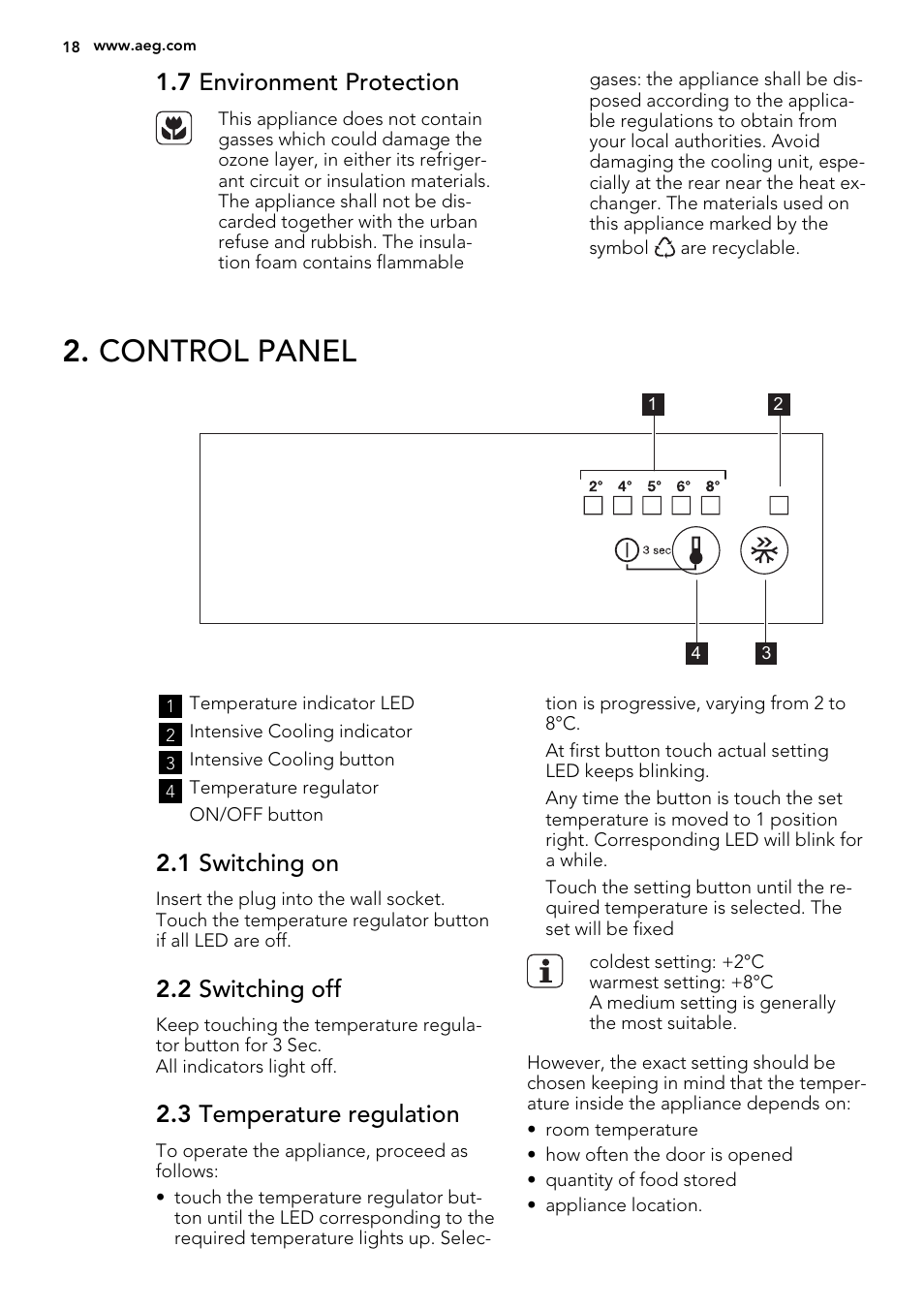Control panel, 7 environment protection, 1 switching on | 2 switching off, 3 temperature regulation | AEG SKS68800F1 User Manual | Page 18 / 56
