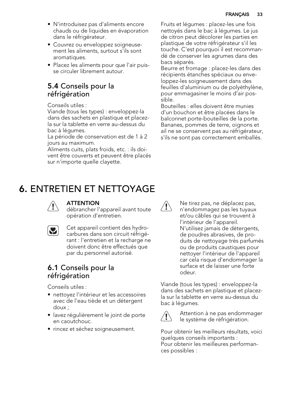 Entretien et nettoyage, 4 conseils pour la réfrigération, 1 conseils pour la réfrigération | AEG SKS68800F1 User Manual | Page 33 / 56