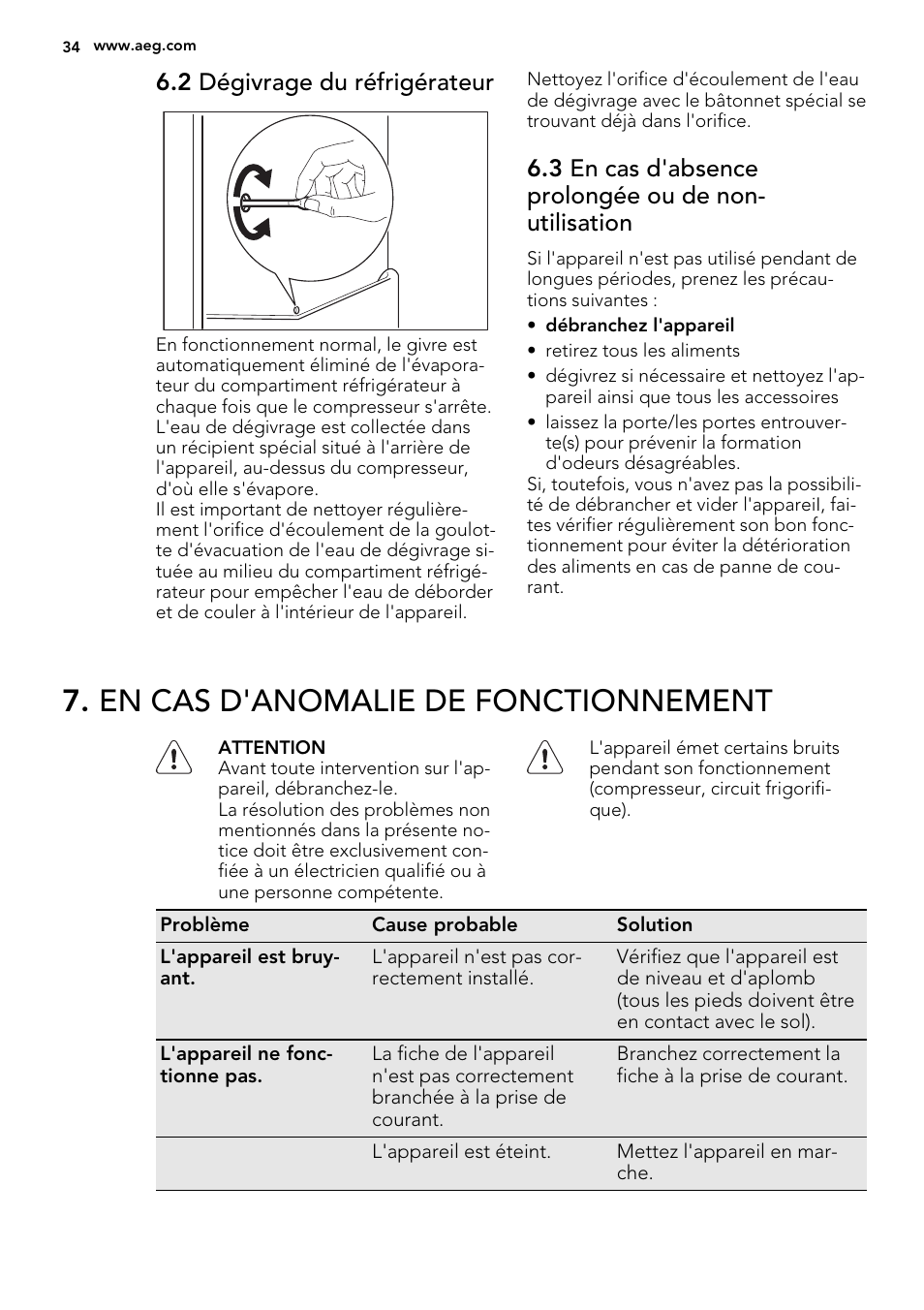 En cas d'anomalie de fonctionnement, 2 dégivrage du réfrigérateur | AEG SKS68800F1 User Manual | Page 34 / 56